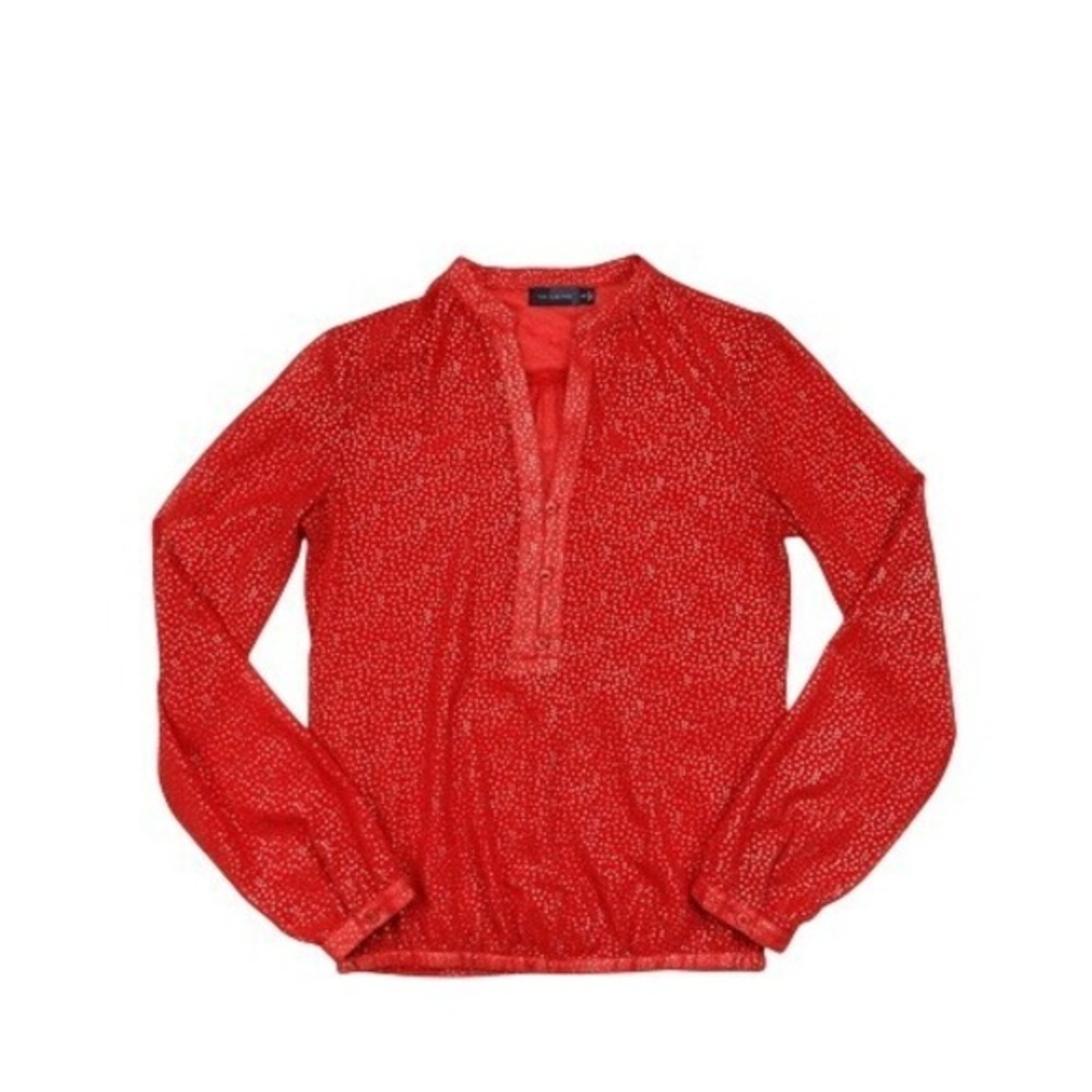 The Limited Red Gold Dots Sheer Long Sleeve Half Button Down Pullover Blouse XS